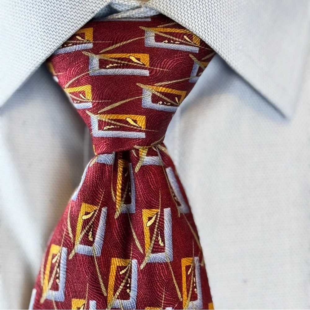 Robert Talbott Studio Men’s Necktie Extra Long Burgundy and Gold Geometric Tie